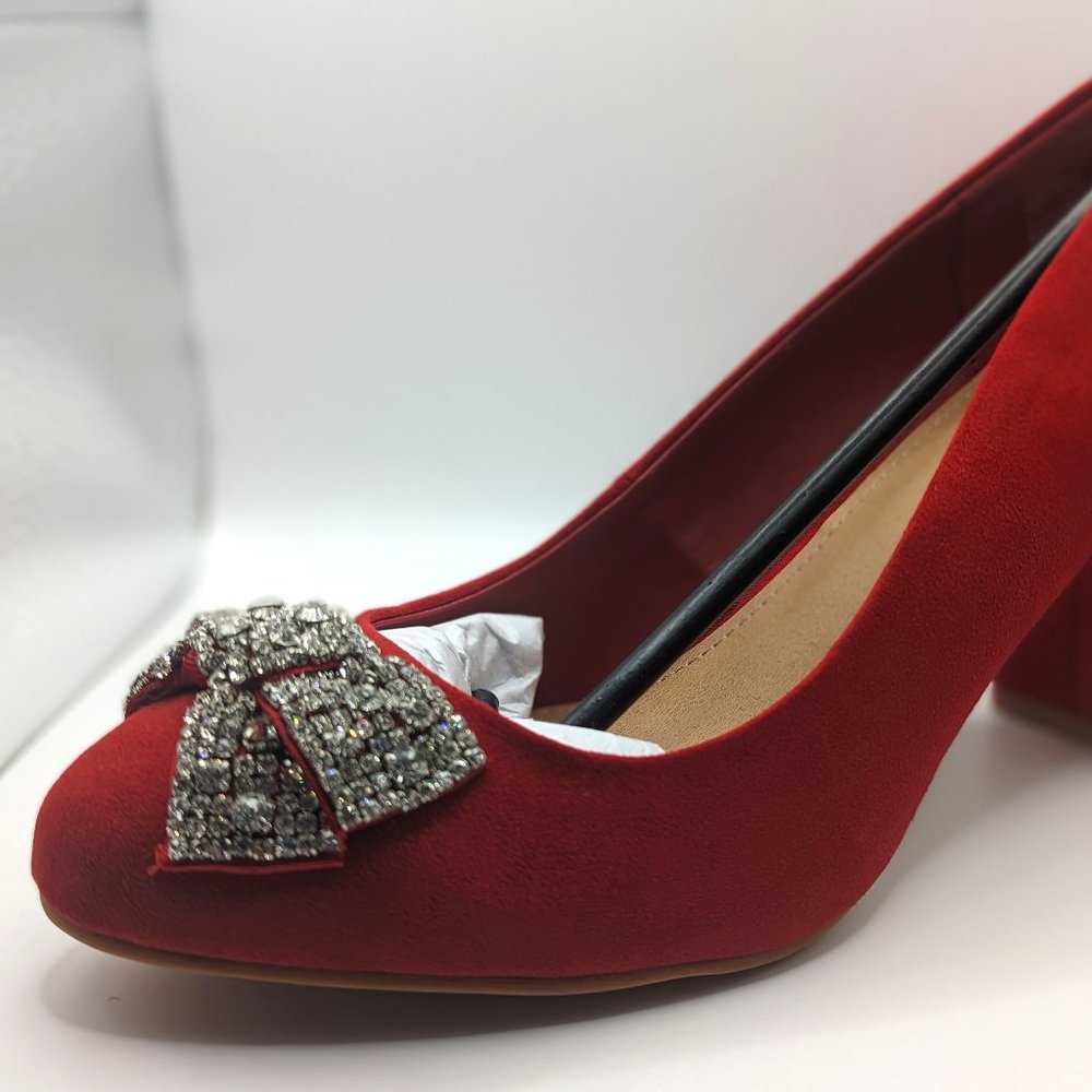 Torrid Red Faux Suede Rhinestone Bow Heel Size 10 Wide